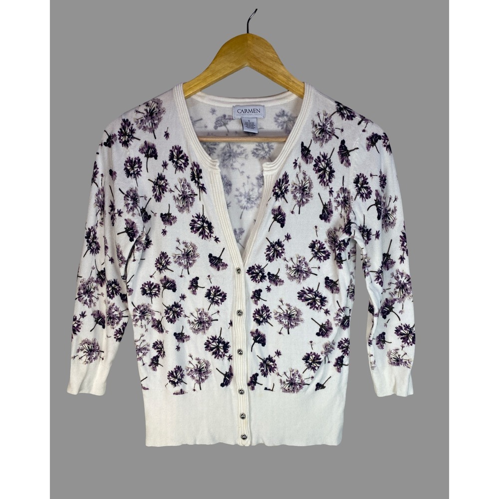 Carmen Marc Valvo Womens Floral Snap Front Cardigan‎ White Purple 3/4 Sleeve S